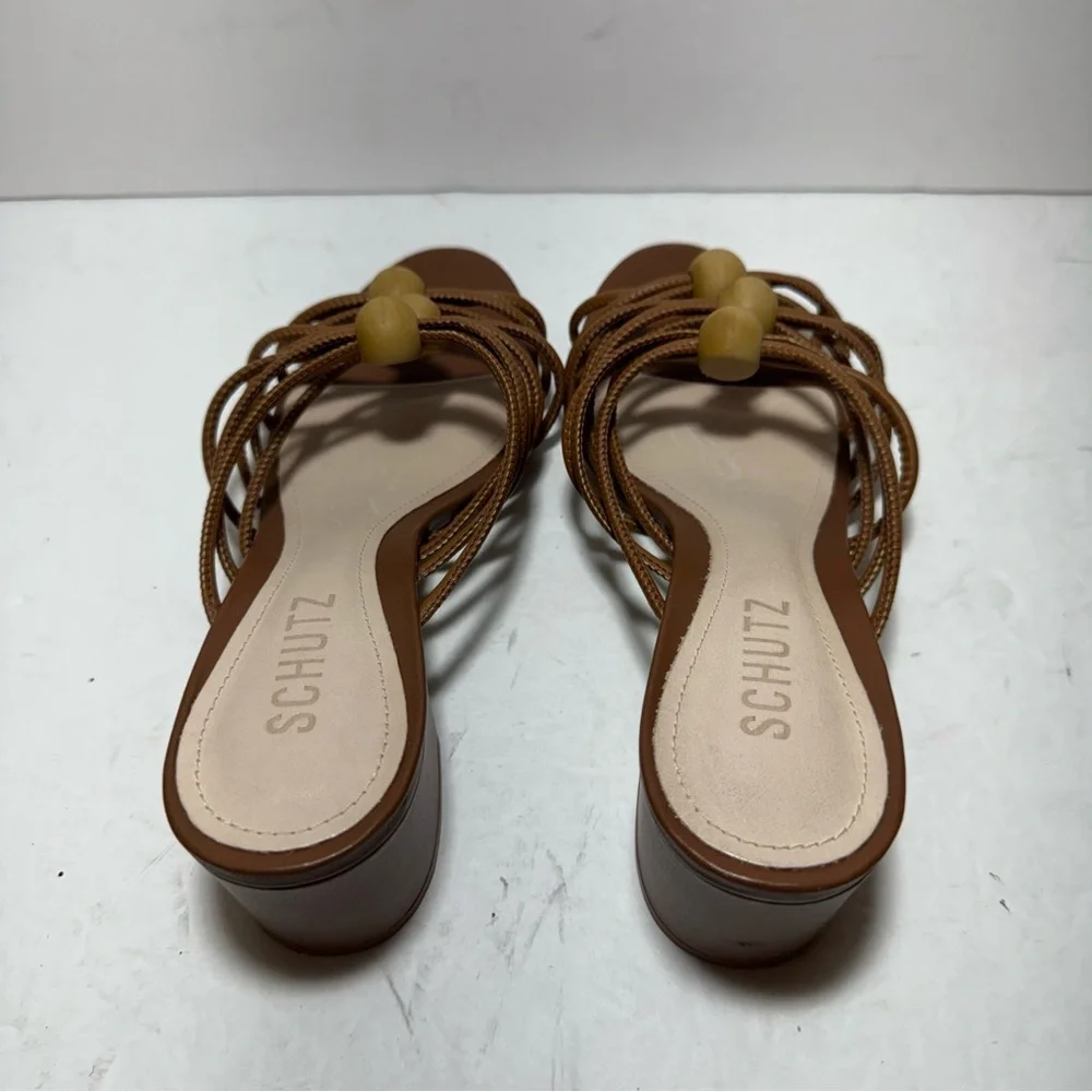 SCHUTZ Roanna Strappy Wood-Bead Brown Slide Block Heel Sandals Size 7.5 - Picture 7 of 14